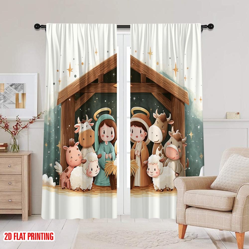 2pcs,2D plane printing Popular Curtains Christmas Nativity Scene Versatile 100% Polyester (without rod) Outdoor Decorations