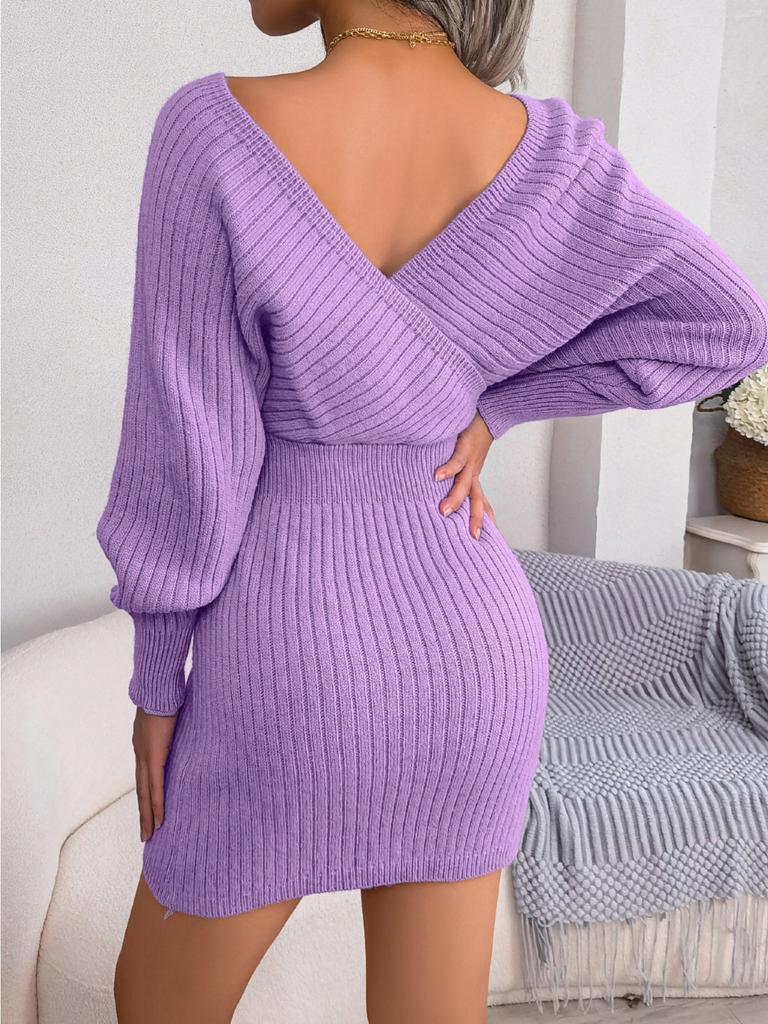 Svetrové šaty s výstřihem do V a křížením, jednobarevné, elegantní, s dlouhým rukávem, bodycon, volné šaty, ležérní netopýří šaty