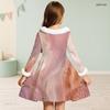 Girls Furry Collar Long Sleeve Bow Decor Printed Dress Dark Green Beige Gold A Line Flared Hem