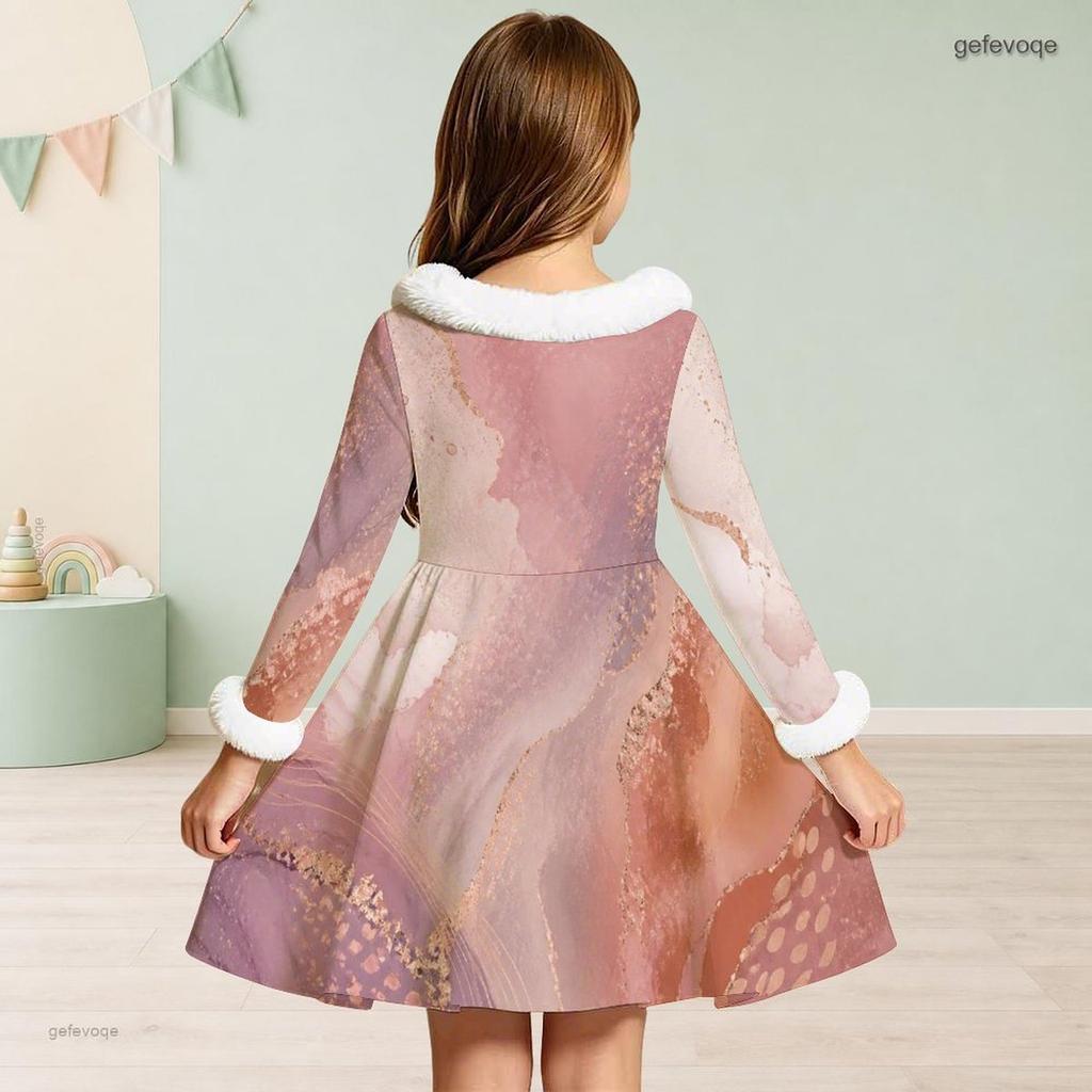 Girls Furry Collar Long Sleeve Bow Decor Printed Dress Dark Green Beige Gold A Line Flared Hem