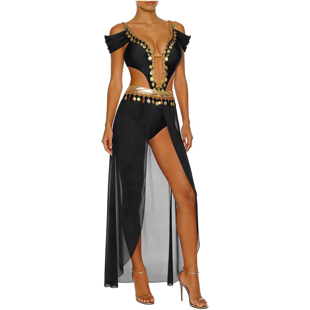 Ladies India Dance Costume S-3XL Sequin Tassel Bodysuit Dress V Neck Cutout Open Front Chiffon Hem with Built-in Shorts for Belly Dance