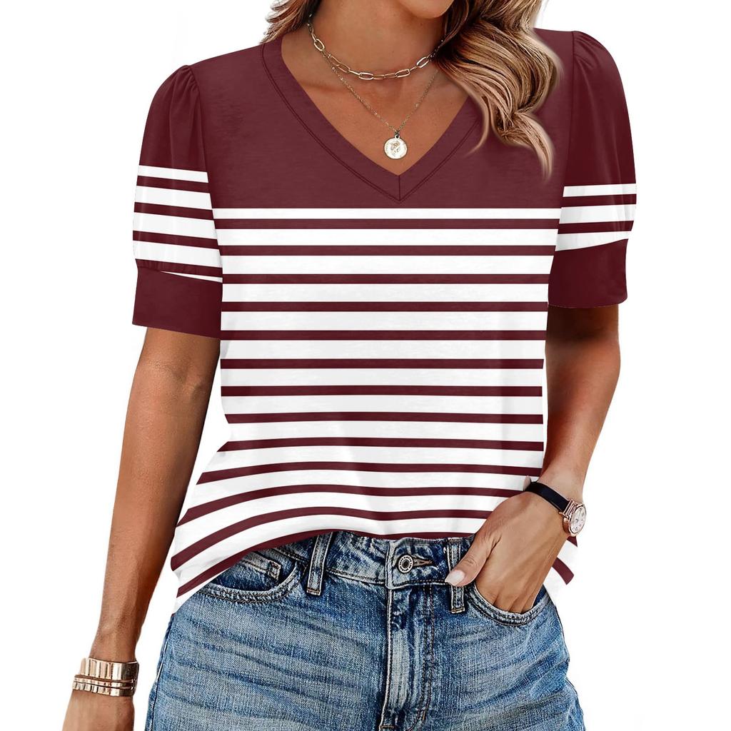 Women's Fashion Casual V- Neck Short Sleeve Print  Shirt Women's Up Tops