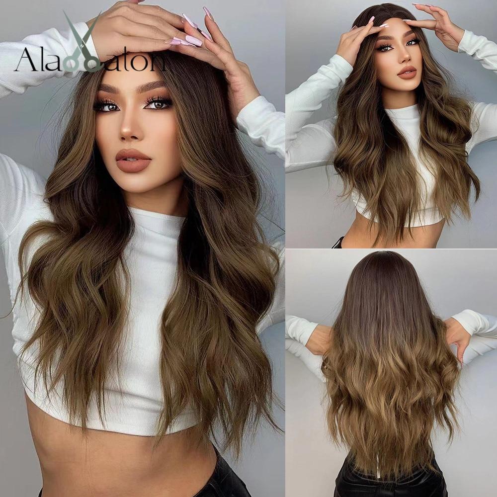 ALAN EATON Long Water Wavy Dark Brown Synthetic Wigs Middle Part Natural Looking Daily Party Wig for Women Heat Resistant Fiber