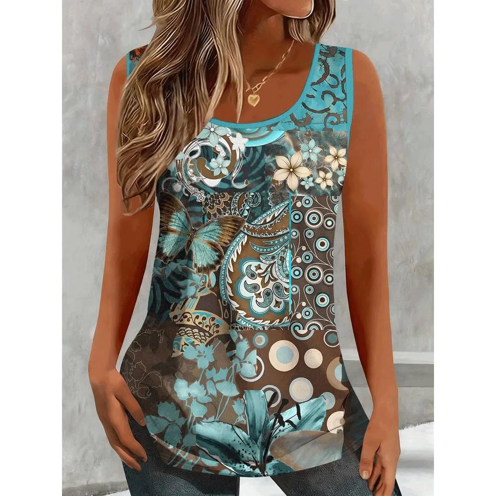 Fashion Women's Flower Printed T-Shirt Casual Loose Sleeveless Top Comfortable Camis Tank Tops