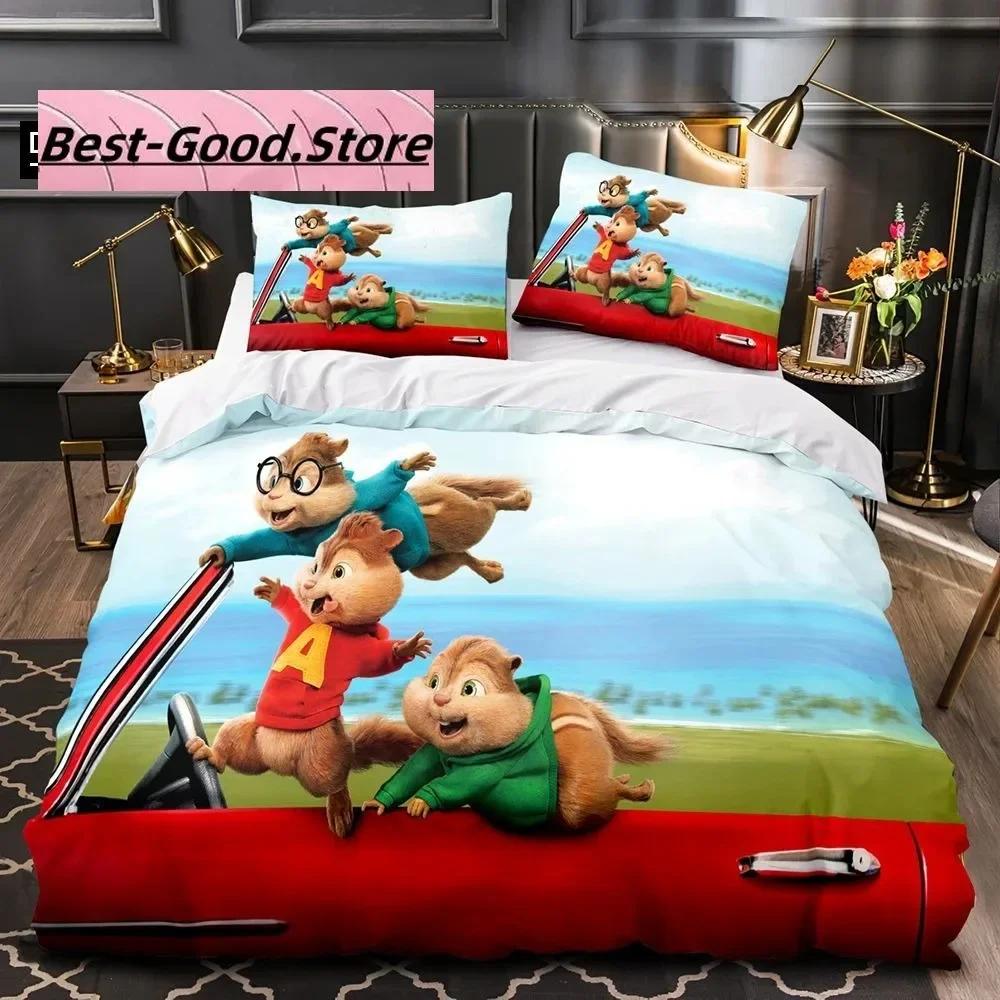 3D Kreslený C-Chipmunk A-Alvin Ložní Sada Tištěná Ložní Sada s Povlakem na Polštář Přikrývka na Postel Jednolůžko Dvoulůžko Queen Super King Size
