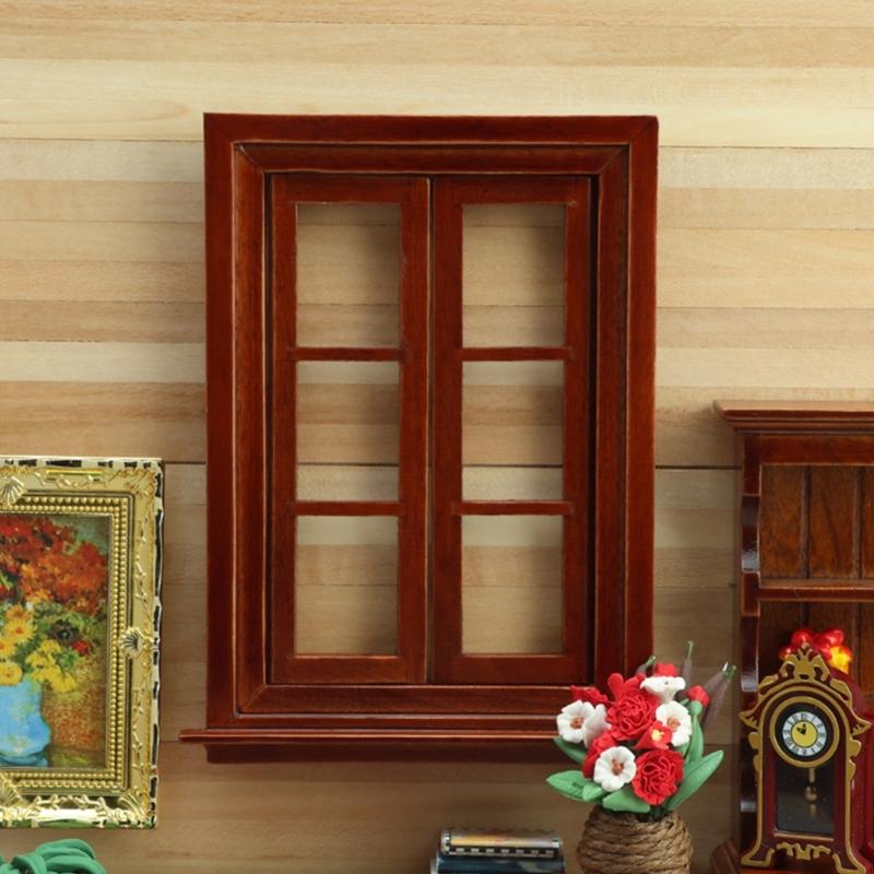1:12 Scale Miniature Wooden Double Opening Window Frame With 6 Panels For Doll House Decoration And Craft Model Project