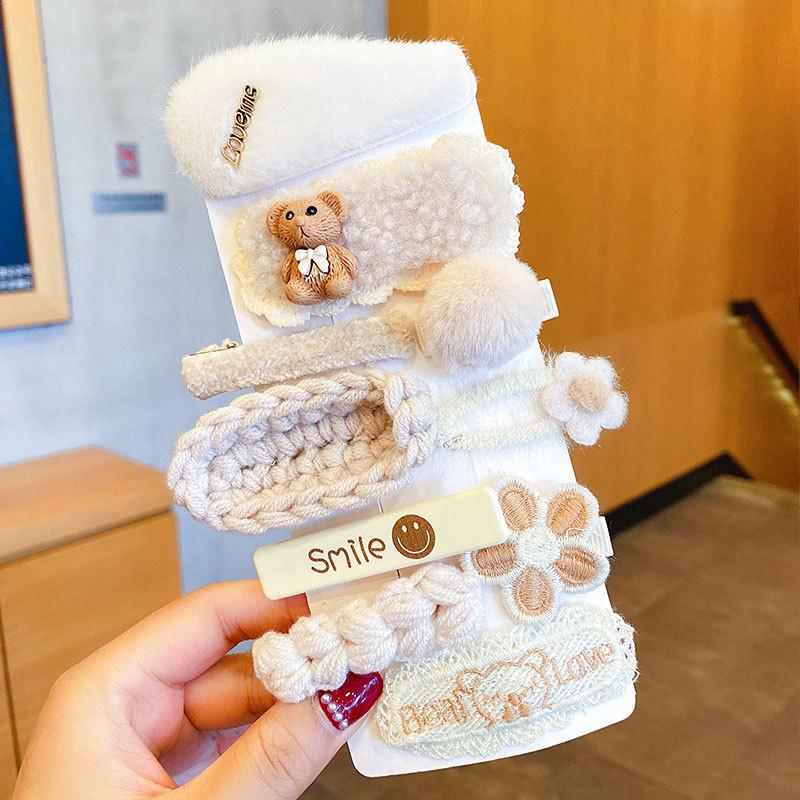 Autumn & Winter Plush Bear Hair Accessories: Cute Milk Coffee Wool Flower Butterfly Hairpin for Children