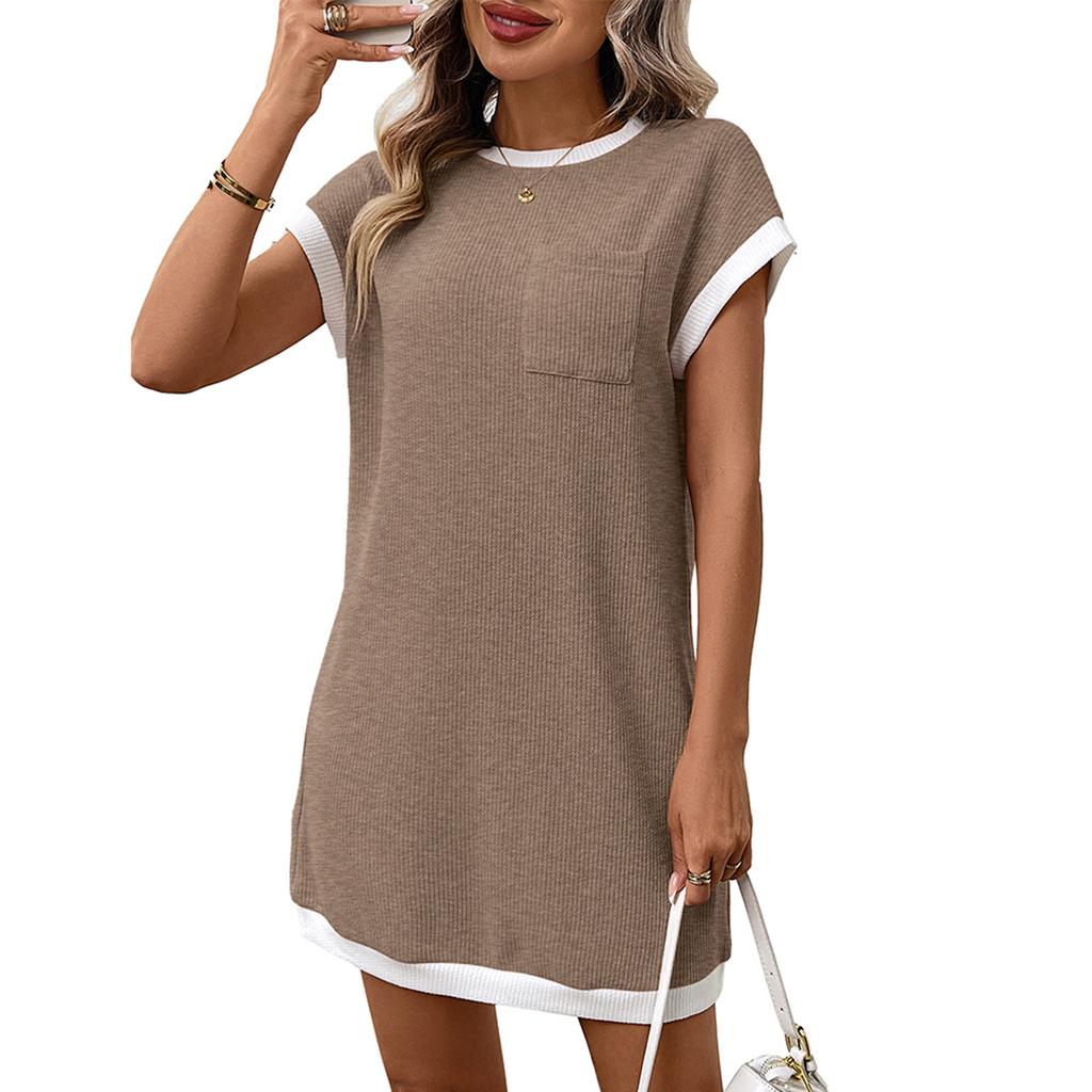 Damen Mode Locker Geschnitten Rundhals Ärmellos Tasche Freizeitkleid
