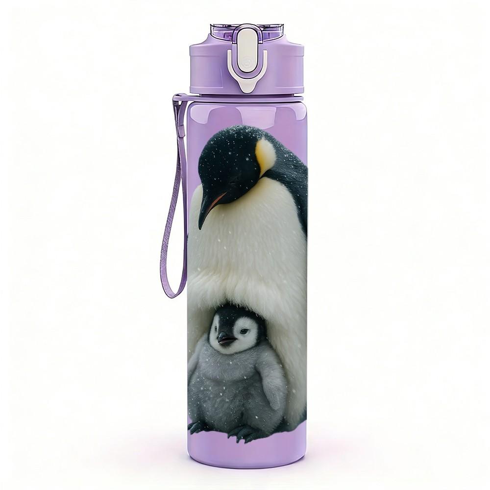 1PC Single Penguin Antarctic Animal Print 750ml Color Plastic Sports Water Bottle Leakproof Flip Straw Lid Suitable for Sports Office Home Use