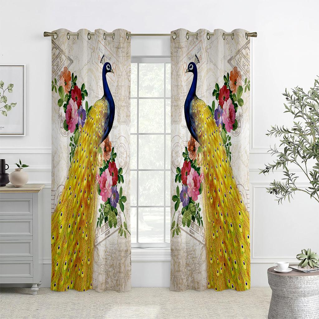Retro Floral Peacock Print Curtains, Suitable For Bedroom, Living Room And Kitchen Decoration Light-Transmitting Curtains 2PCS
