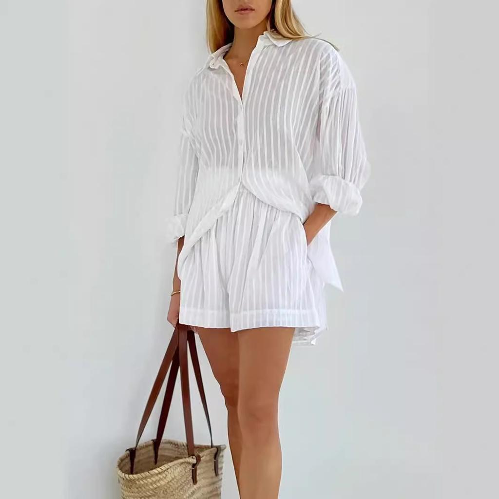 GMXIA Damski bawełniany garnitur koszulowy Lato Biały pionowy pasek Koszula Szorty Casualowy garnitur