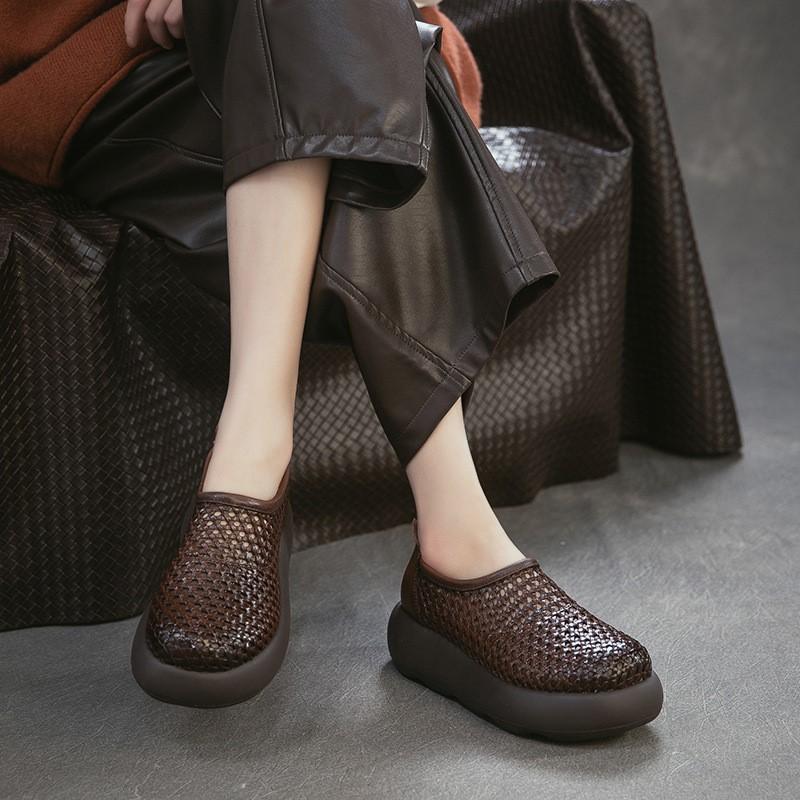Johnature Retro Hollow-out Breathable Woven Genuine Leather Thick Soled Sandals Simple Women's Platform Shoes
