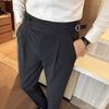 New Spring Autumn High Waist Smart Casual Dress Pants Men Belt Design Slim Suit Pants Formal Wedding Social Party Mens Trousers