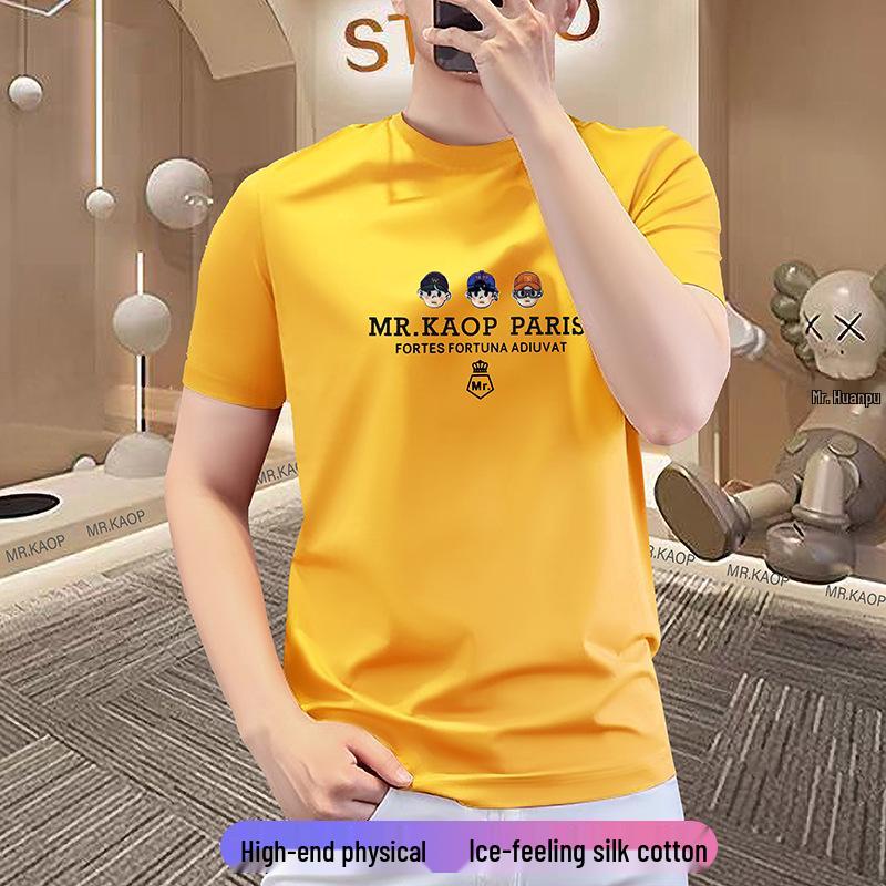 European Men s Liquid Ammonia Round Neck Mercerized Cotton T-shirt with 3D Hot Stamping - Short Sleeve M (47.5-57.5 kg) жёлтый