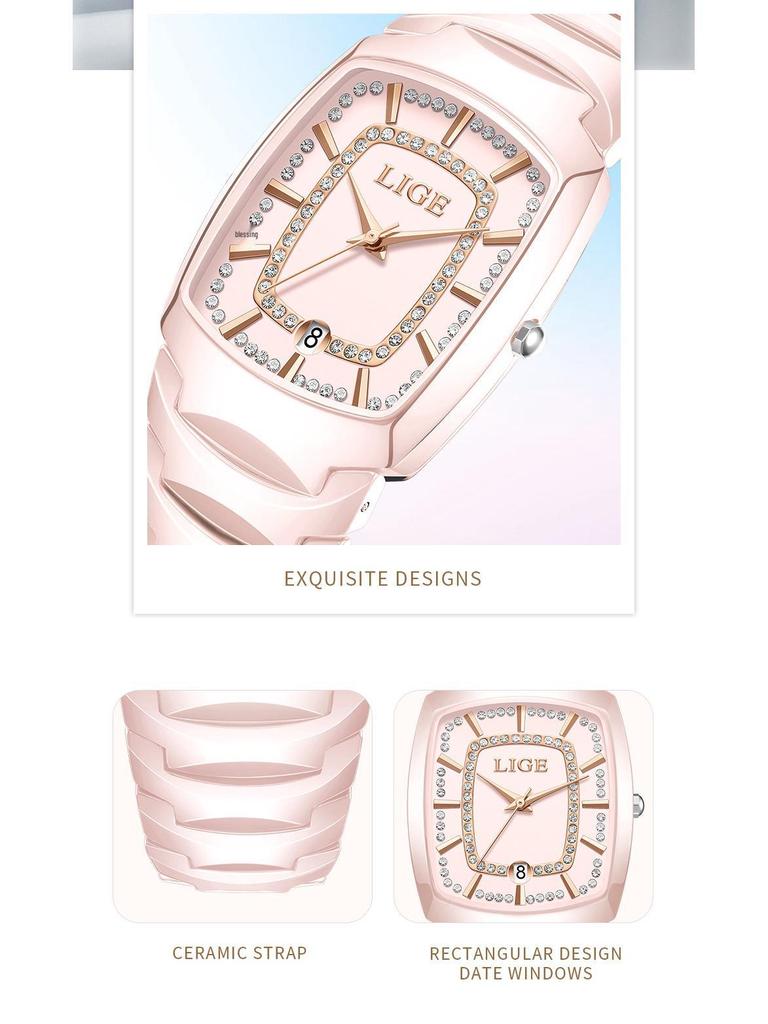 LIGE Fashionable Women's Square Multi-Function Waterproof Quartz Calendar Watch