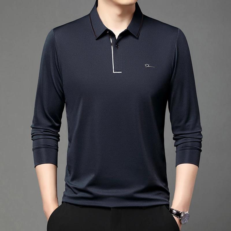 New Men'S Business Casual Long Sleeved Shirt With Badge Solid Color Polo Shirt Fashionable Breathable Comfortable Versatile Top