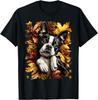 Boston Terrier Cute Puppy Autumn Leaves Fall Season Graphic T-Shirt Breathable Cotton Casual Tee