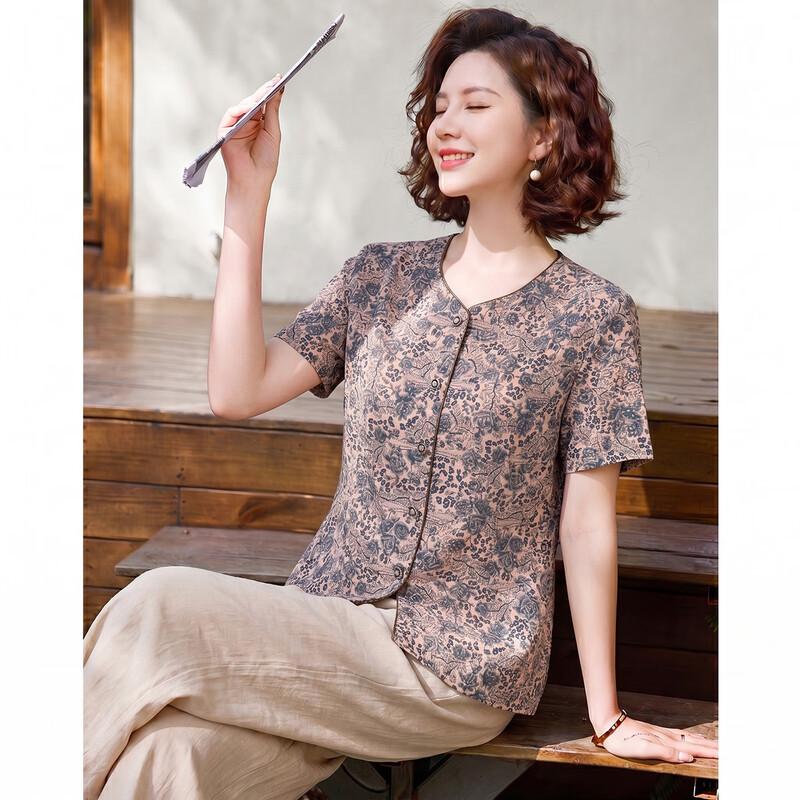 Women's Floral Chinese Style Short Sleeve Tang Suit Shirt