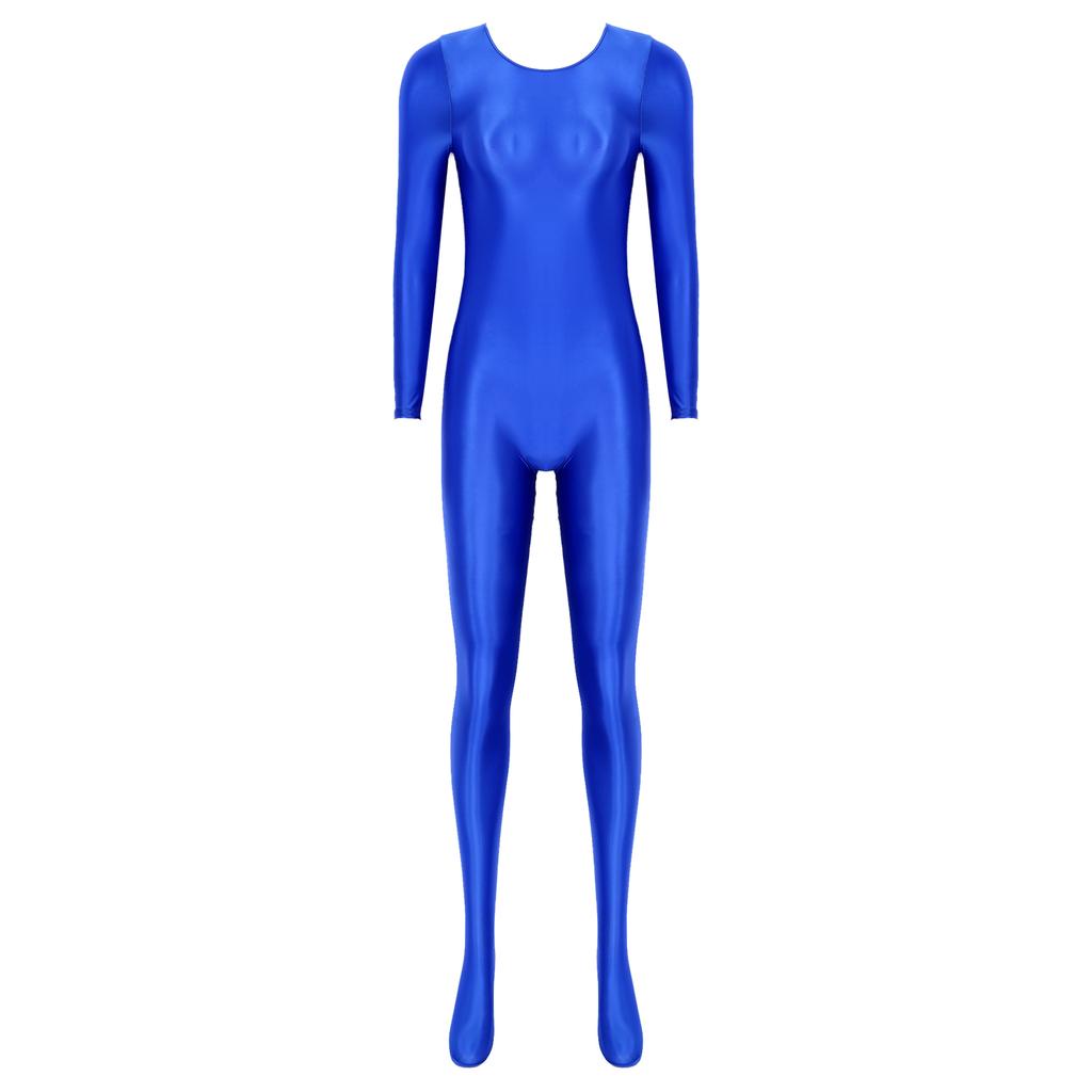 Womens Smooth Long Sleeve Bodystocking Nightwear Solid Color Round Neck Bodysuit Sleepwear