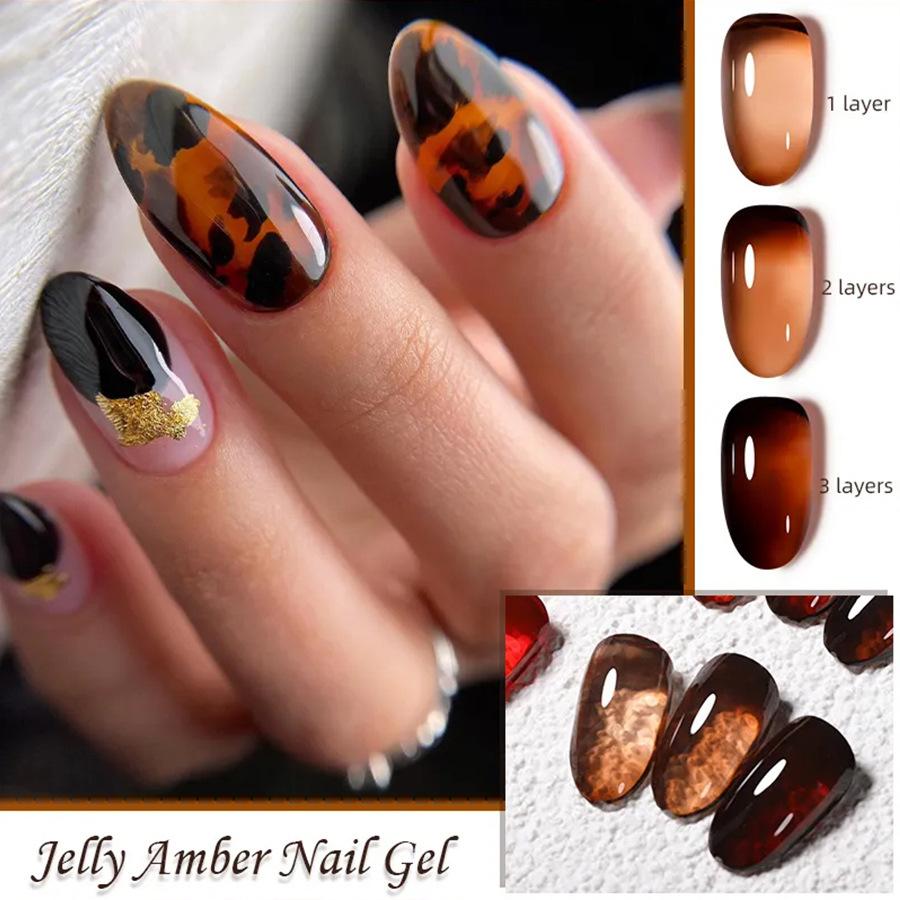 6 Colors Amber Gel Nail Polish Set - Translucent Jelly Nude Brown Tones, Professional Salon & DIY Home Manicure Kit, UV/LED Curable