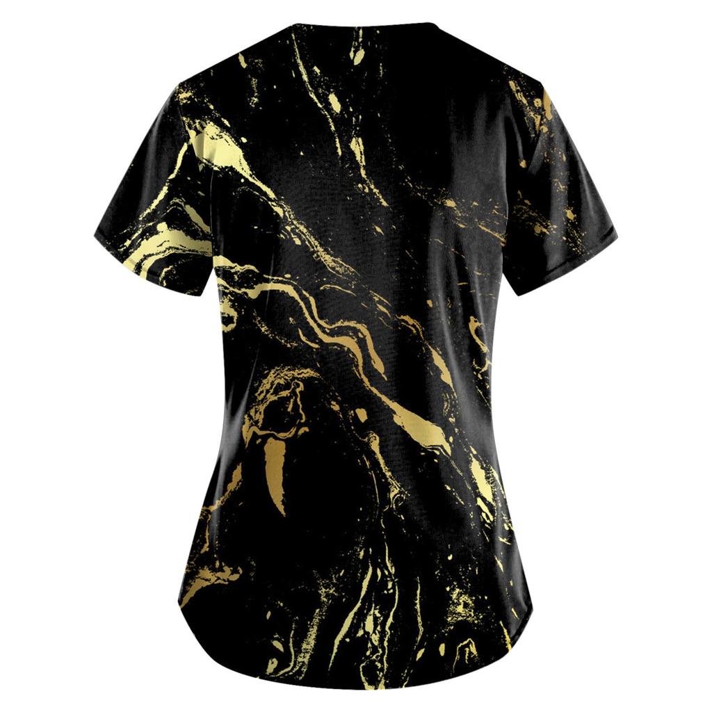 Frauen Mode Frühjahr Und Sommer Ölgemälde Druck V-ausschnitt Kurzarm Arbeitskleidung Mit Taschen Tops