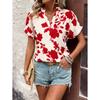 Women Floral Print V Neck Short Sleeve Blouse Casual Notch Collar Rolled Cuff Shirt