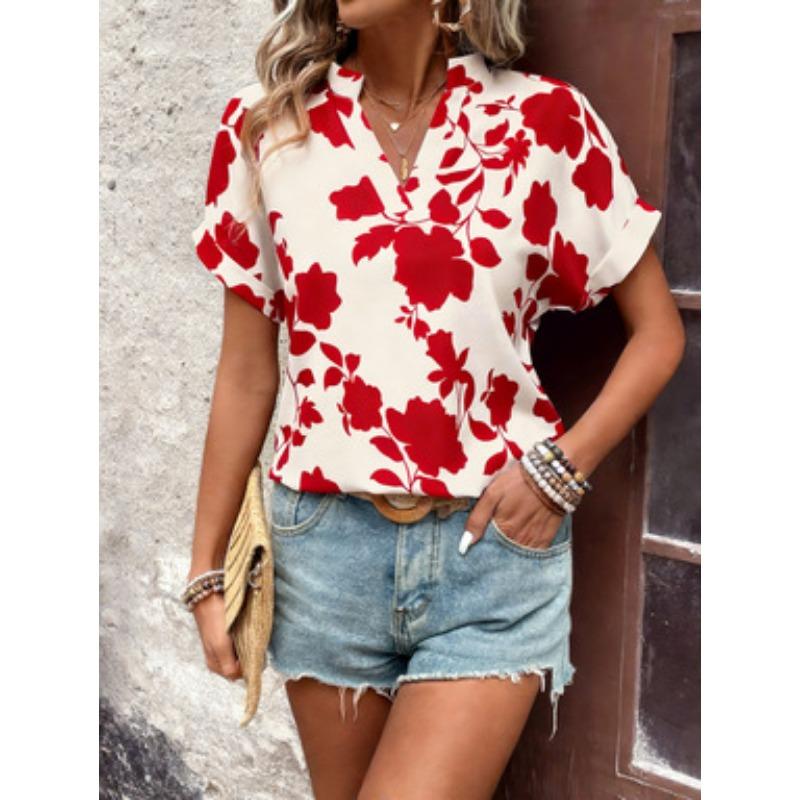 Women Floral Print V Neck Short Sleeve Blouse Casual Notch Collar Rolled Cuff Shirt