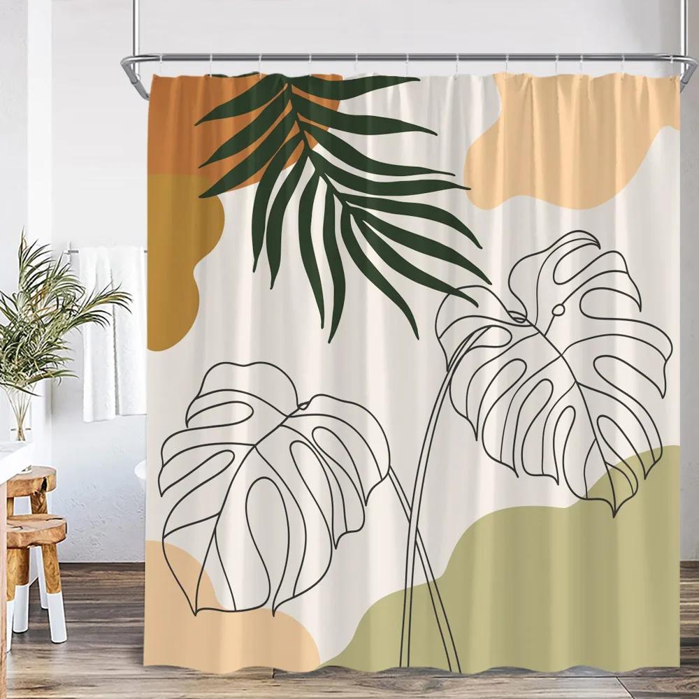 Mid Century Abstract Shower Curtain Leaf Curve Simple Line Nordic Modern Bathroom Decor Polyester Fabric Bath Curtain With Hoo