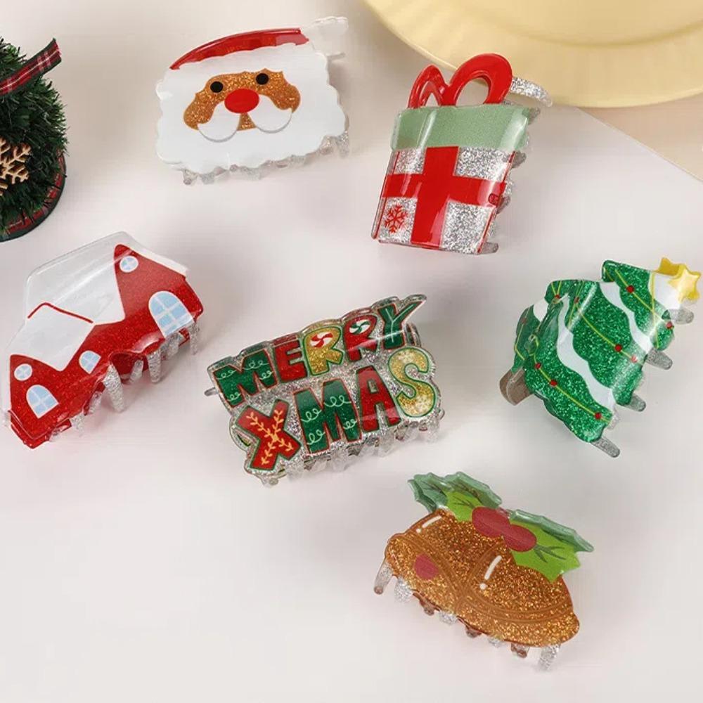 Glitter Christmas Tree Hair Claw Acrylic Cartoon Hair Grab Clip Santa Claus Shark Clip Festival