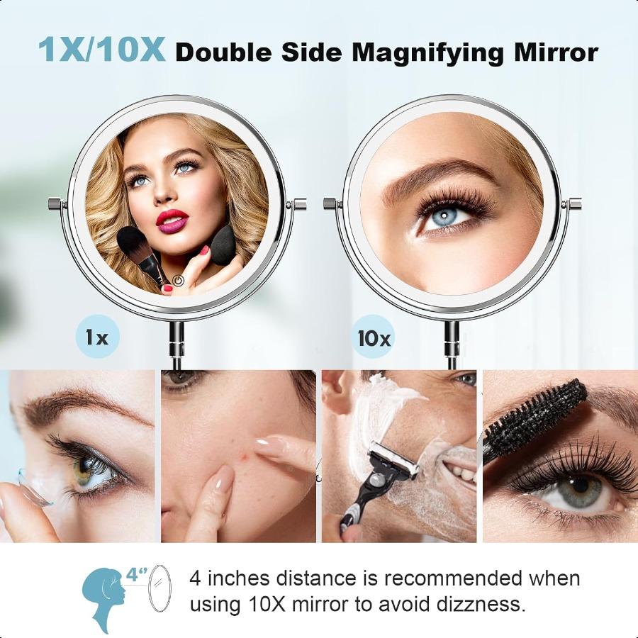 Rechargeable Wall Mounted Makeup Mirror 8 Inch Double Sided 1X 10X Magnifying Mirror with 3 Color Lights Dimmable Touch Screen