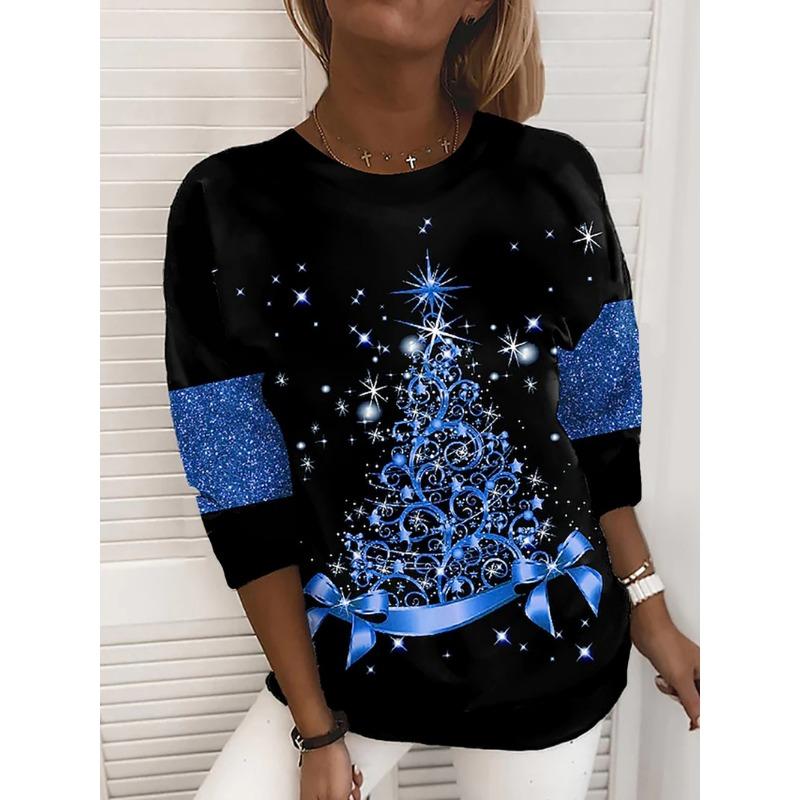 XS-8XL Women's T Shirt Tee Snowflake Sparkly Christmas Tree Christmas Weekend Painting Tee Long Sleeve Print Round Neck Basic