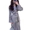 2024 Spring Satin Patchwork Waist-Hugging Long Dress Set for Women