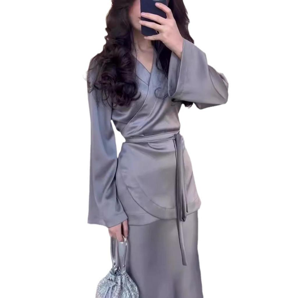 2024 Spring Satin Patchwork Waist-Hugging Long Dress Set for Women