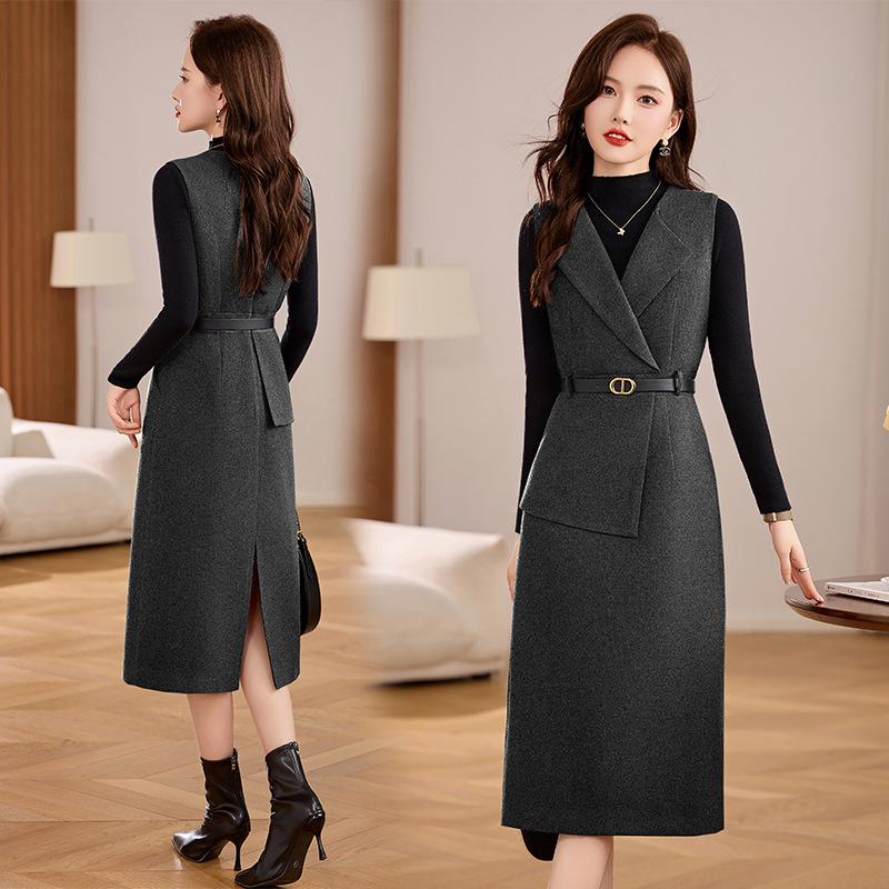 Set Vestă Tricotată & Rochie Lungă de Modă Femei Primăvara Devreme 2025