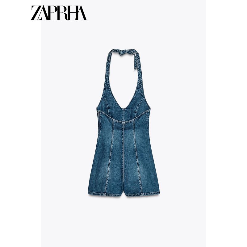 Zaprha 2025 New Neck Collar Backless Denim Jumpsuit Women Small Wide Leg Shorts 4365084