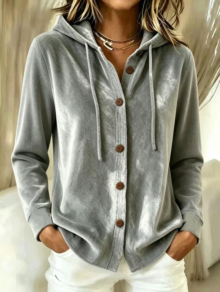 New European and American women's plush hooded cardigan solid color loose casual fashion sweater jacket