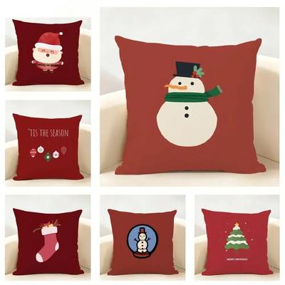 Christmas Red Santa Snowman Cushion Cover Linen Minimalist Soft  for Sofa Bed Home Room Decor