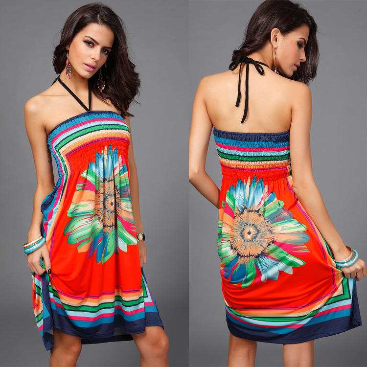 Summer Party Beach Boho Dress Sexy Wrapped Chest Sleeveless Knee-length Dress