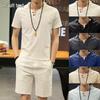 Men's Summer Cotton Linen V-neck T-shirt and Pants Two-piece Set - Plus Size