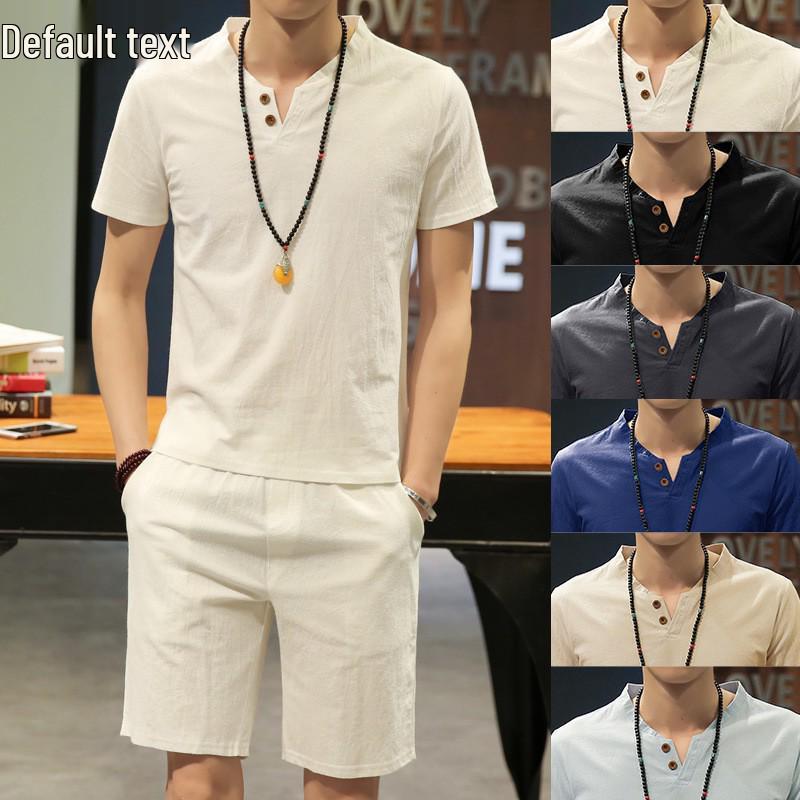 Men's Summer Cotton Linen V-neck T-shirt and Pants Two-piece Set - Plus Size