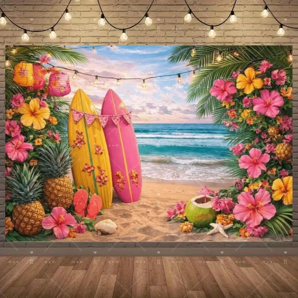 Summer Beach Holiday Party Decoration Backdrop Sunshine Flamingo Ocean Surfboard Portrait Photography Background Props Banner