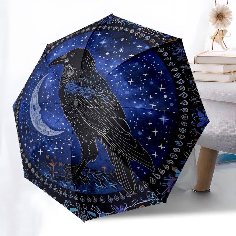 Enchanted Raven Moon Tapestry, Mystical Night Sky Wall HangingUmbrella with Cute Design, Portable 3-Fold Compact Umbrella for Men & Women, Valentine's