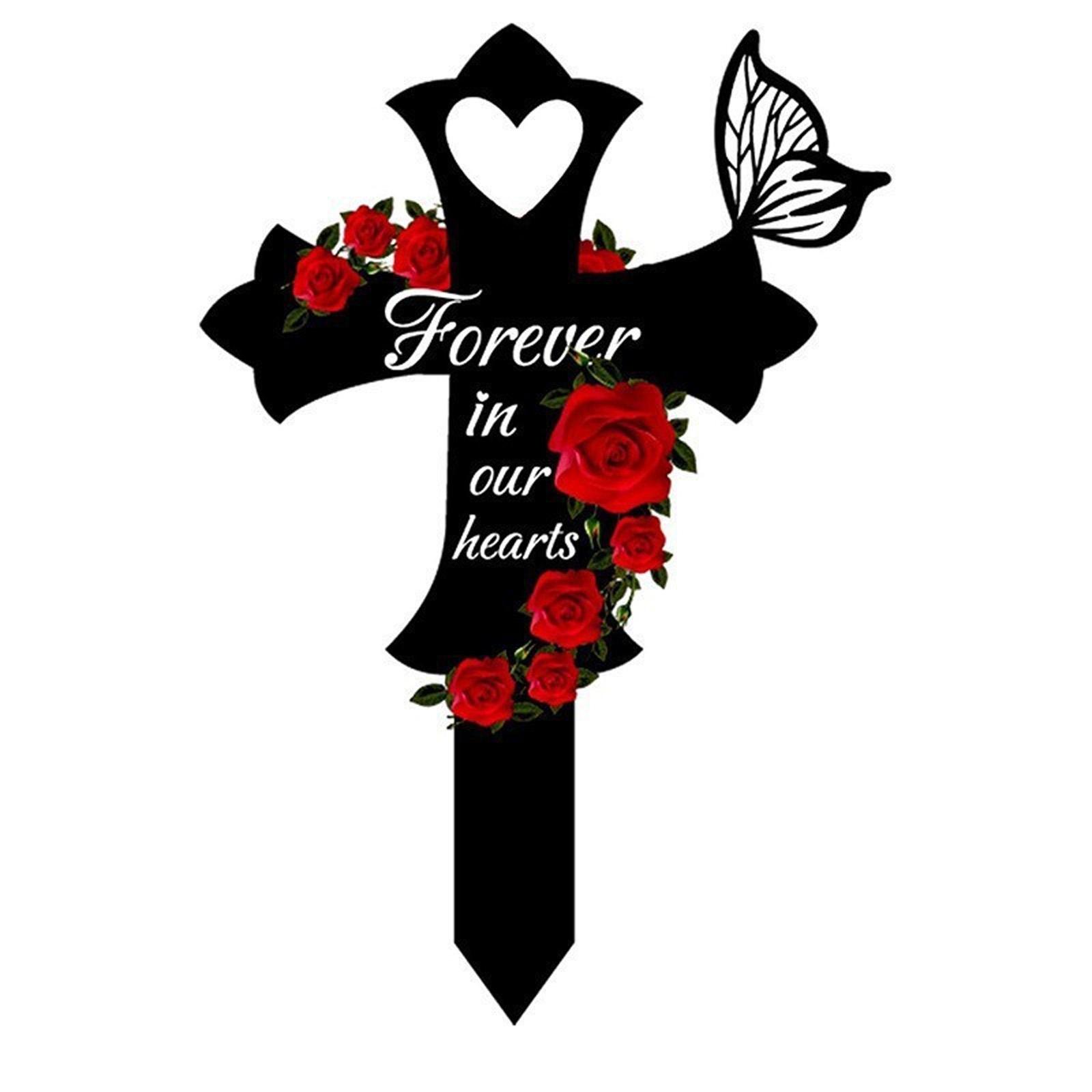 

Cross-Shaped Memorial Garden Stake With Roses & Butterfly, Sympathy Cemetery , Metal Yard Tribute For Remembrance One Size