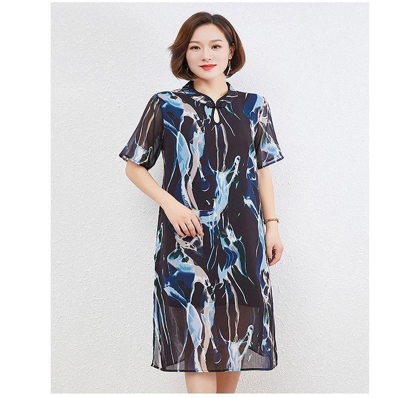 

Plus Size Wide Style Cheongsam Mid-Length Dress for Middle-Aged and Elderly Mothers (Fits Up to 200 Jin) L 95-105 kg синій