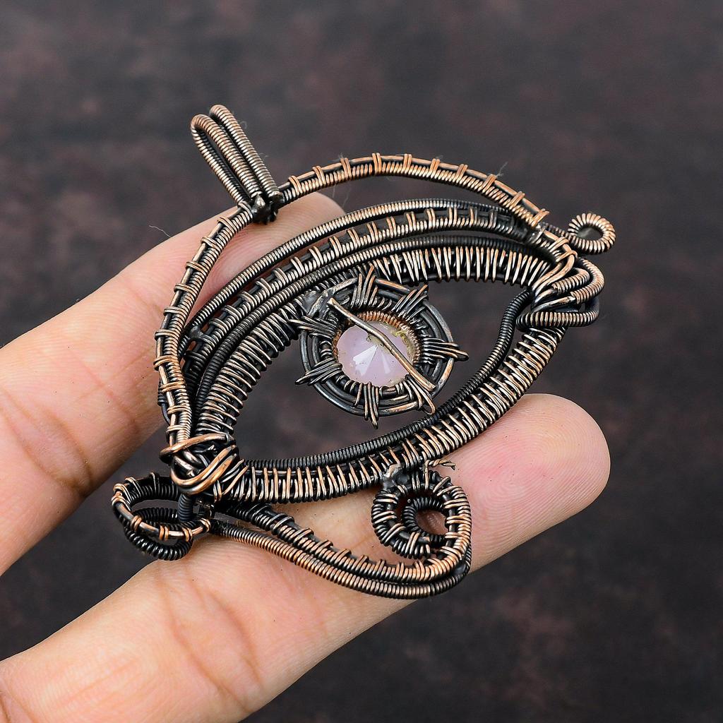 Pingente de Calcedônia Rosa Facetada Pingente de Fio de Cobre Enrolado Pingente de Mau-Olhado Joia de Cobre com Pedras Preciosas Presente para Ele Pingente Feito à Mão Novo