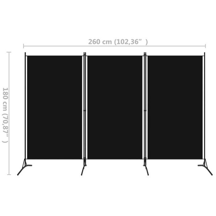 VidaXL Paravent 3 Panneaux, 260x180 cm, Tissu Polyester &amp; Structure en Fer, Noir, Écran de Confidentialité Pliable, Cloison 320734