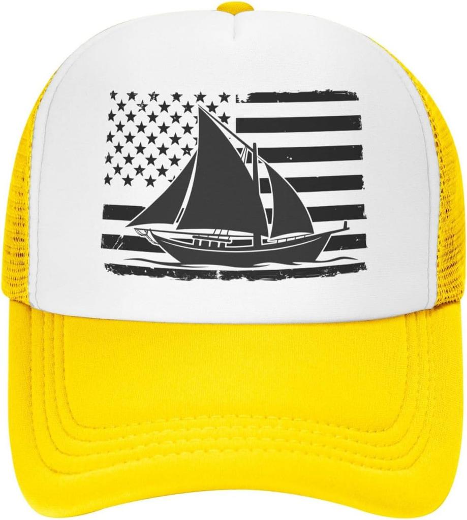 Distressed American Flag Sailboat Trucker Hat Sailing Graphic Mesh Cap Adjustable Outdoor Dad Hat