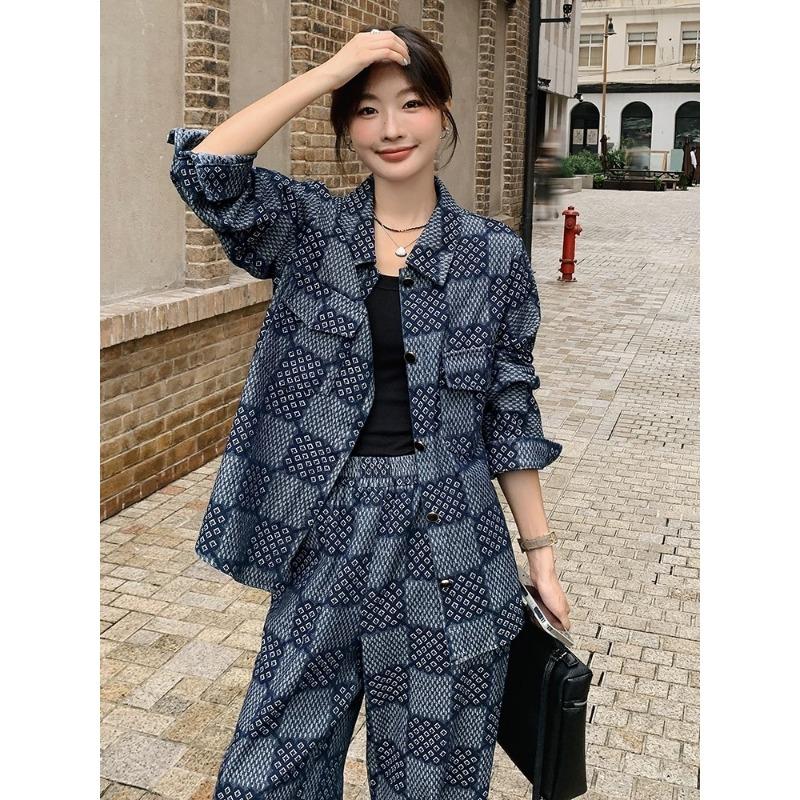 

Жаккардовый джинсовый костюм женский осенний новый топ широкие брюки повседневная одежда комплект из двух предметов XL