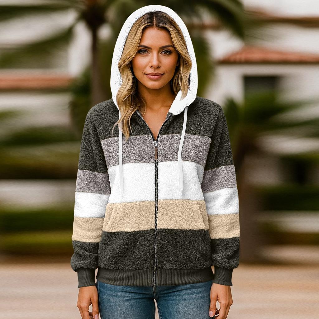 Women's Fashionable Plush Patchwork Zipper Pocket Hooded Long Sleeved Loose Warm Jacket
