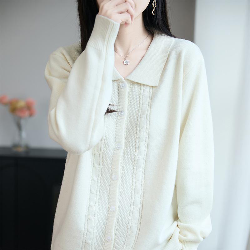 

Утолщенный вязаный кардиган с воротником поло, с длинными рукавами, новый осенне-зимний стиль, свободный однотонный топ, женский свитер XL бежевый